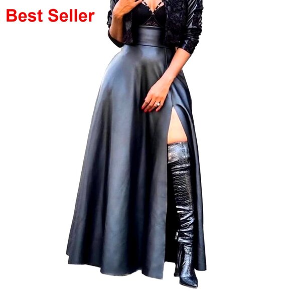 Faux PU Leather High Waisted A-Line Maxi Skirt with Pockets and High Slit